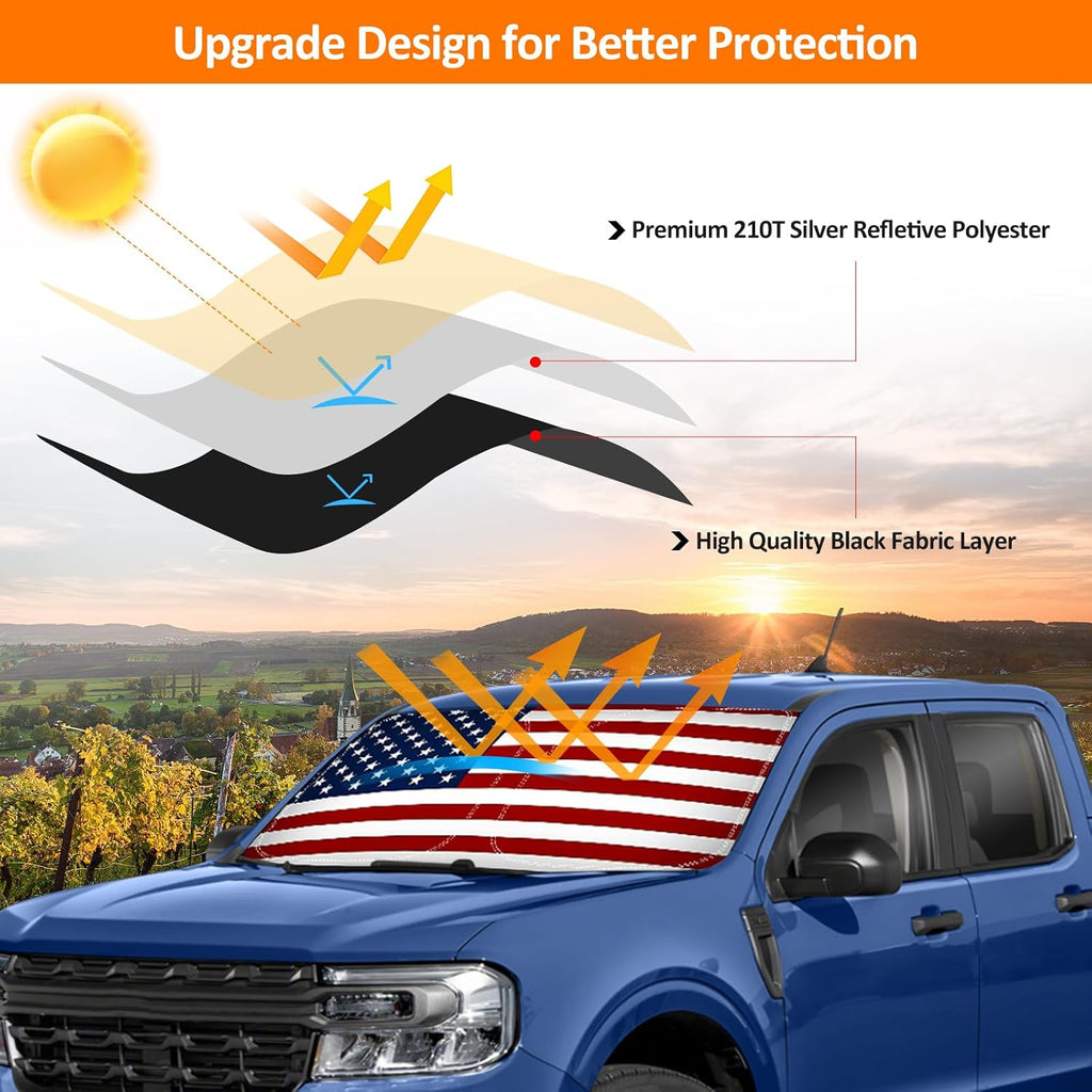 D-Lumina US Flag Winshield Sun Shade for 2020 2021 2022 2023 2024 2025 Fo-rd Maverick, Foldable Front Sun Shield Protector Blocks UV Rays, Window Sunshade Sun Visor Interior Accessories