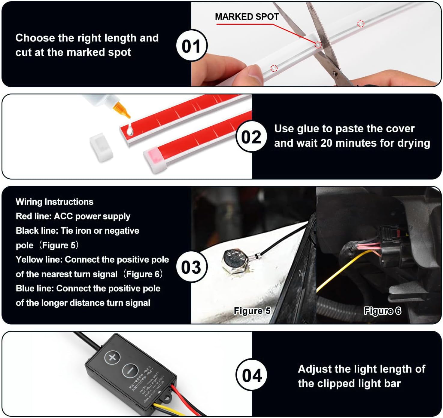 Cuttable LED Car Under Hood Light Strip - Automotive Engine LED Strips Turning Light Guide - Waterproof IP66 - Daytime Exterior Decoration Accessories - DC 15V White & Yellow 70.9in