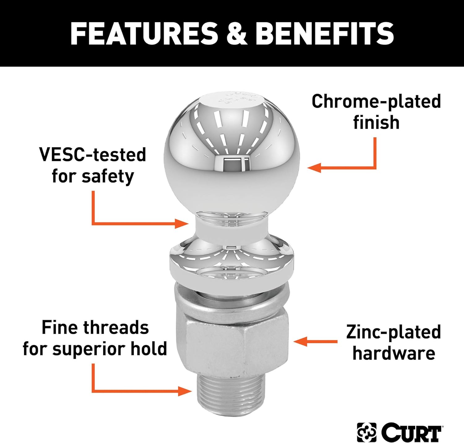 CURT 40003 Chrome Trailer Hitch Ball, 3,500 lbs, 2-Inch Diameter, 3/4 x 1-3/4-Inch Shank, Universal Fit (Pack of 2)