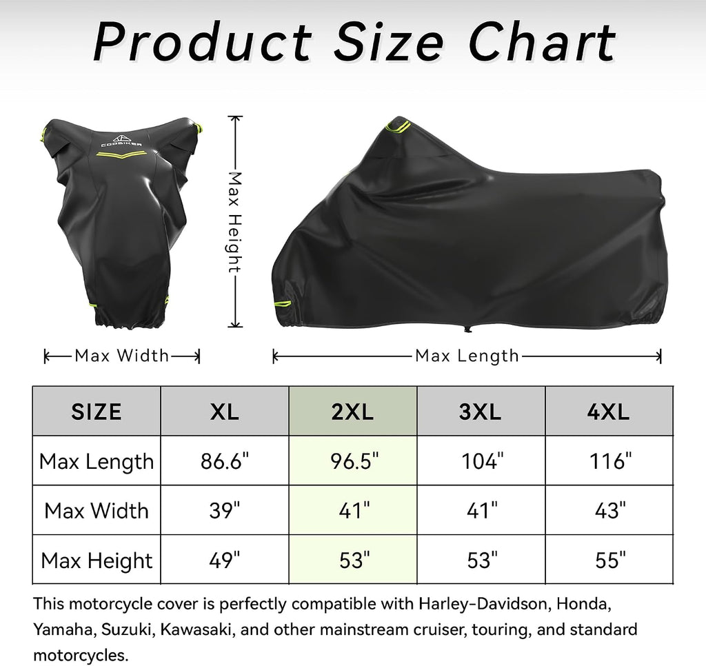 Motorcycle Cover 300D Waterproof Outdoor Night Reflective Breathable Vents All Season Rain Sun Dust Protection Universal Fit Powersports Vehicle Cover with Lock-Holes Fits up to 96.5"