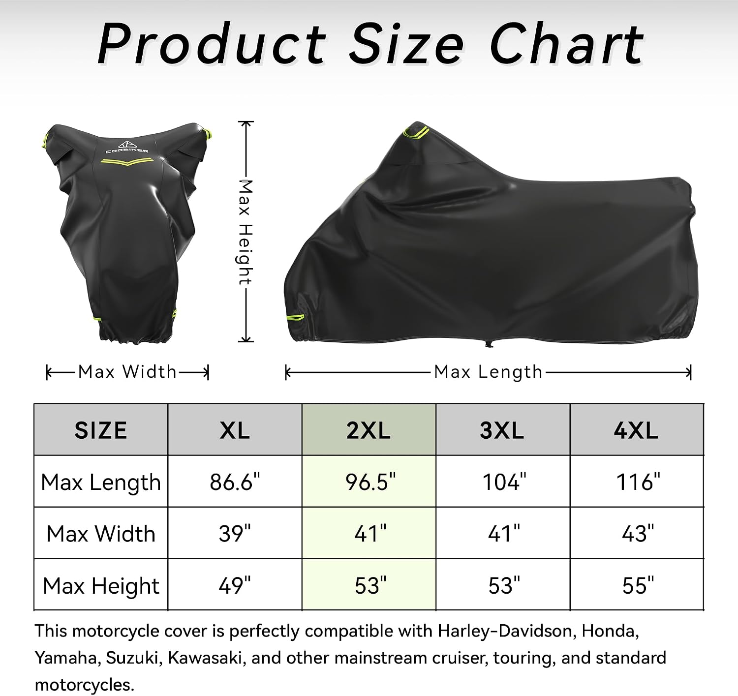 Motorcycle Cover 300D Waterproof Outdoor Night Reflective Breathable Vents All Season Rain Sun Dust Protection Universal Fit Powersports Vehicle Cover with Lock-Holes Fits up to 96.5"