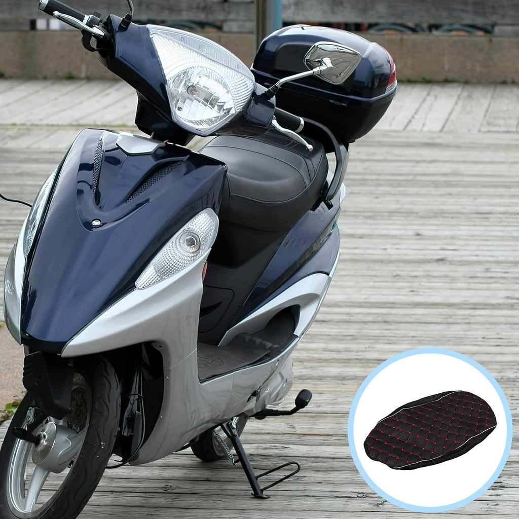 Motorcycle Seat Cover Cushion Breathable Anti-Slip Mesh Fabric Large Red Grid Pattern Sunscreen Protector for Scooter and Moped All-Season Electromobile Seat Pad