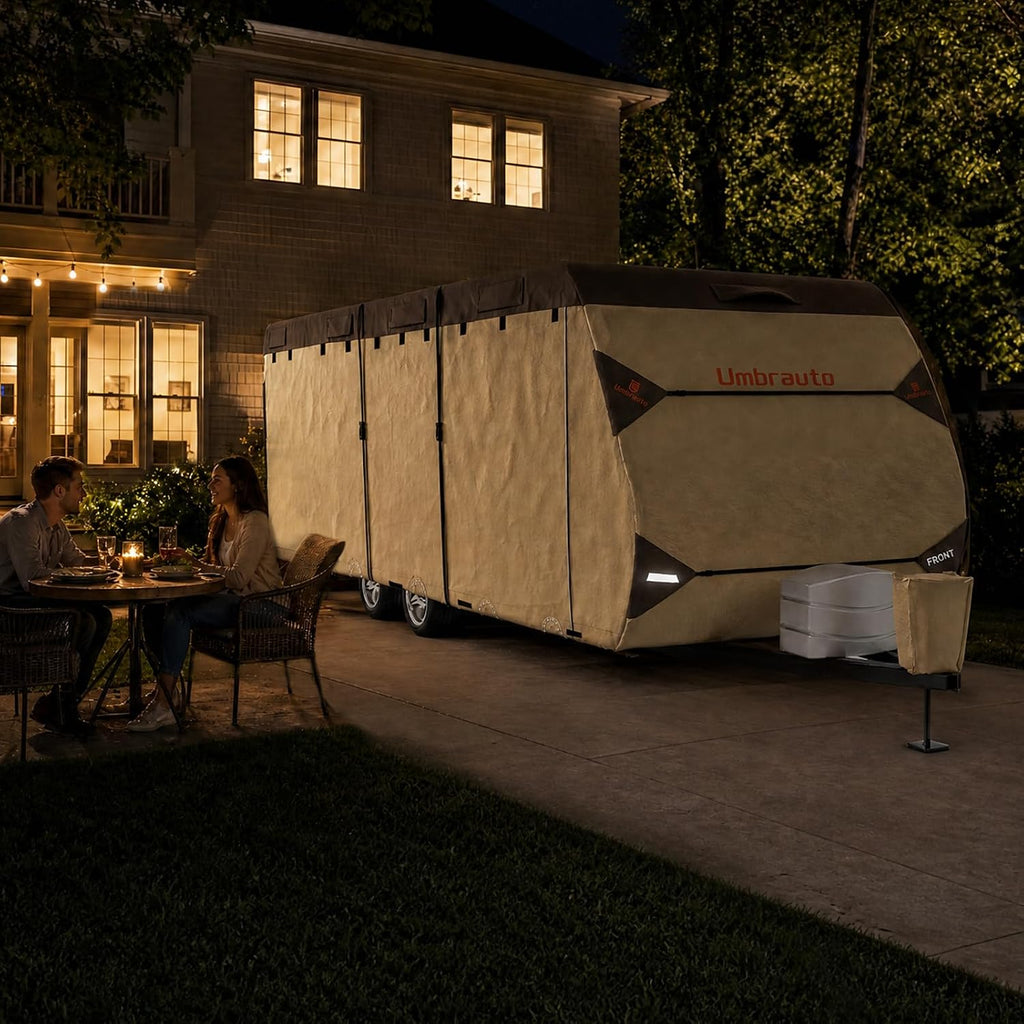 Umbrauto Travel Trailer RV Cover 24' ~ 27' – Upgraded 9-Layers Top Camper Cover, Waterproof & Windproof Heavy Duty Toy Hauler RV Cover for Winter Snow with Tongue Jack Cover, Gutter Covers
