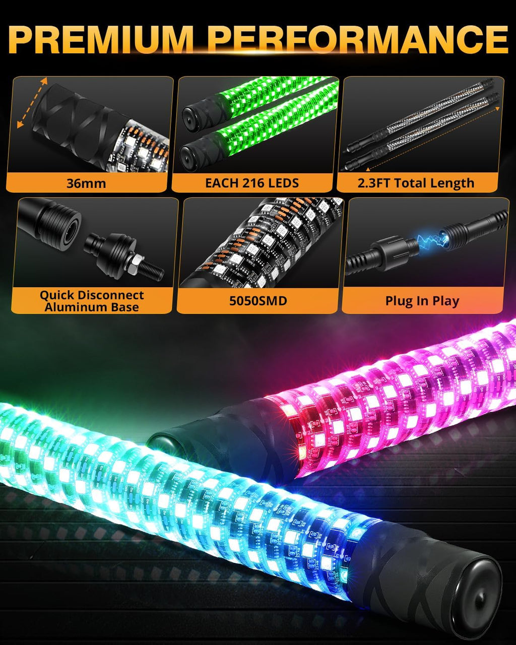 Auxbeam 2PCS 2.3FT RGB Whip Lights w/Bluetooth APP+Remote & Auxbeam 4-Pod RGB LED Rock Lights w/Brake Mode 217°Dual-Side Lighting Underglow Kit w/Bluetooth APP & Remote