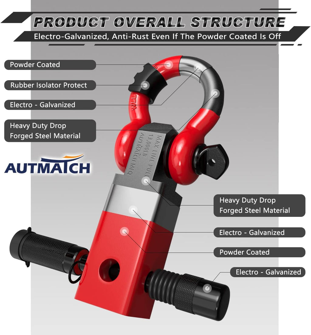 AUTMATCH Shackle Hitch Receiver 2 Inch - 3/4" D Ring Shackle and 5/8" Trailer Hitch Lock Pin, 45,000 Lbs Break Strength Heavy Duty Receiver Towing Kit for Off-Road Vehicle Recovery, Red