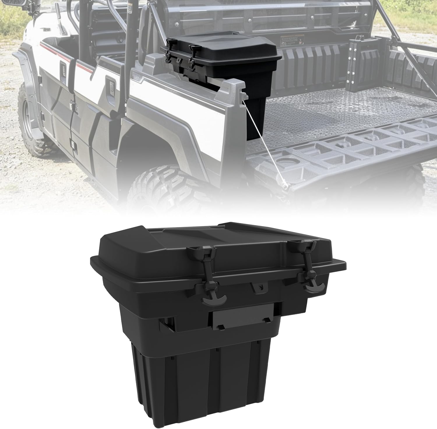 Rear Cargo Box for Kawasaki Mule Pro FXT DXT DX FX 2015-2026, 20L Waterproof Storage Bin with Latches, Heavy Duty PP Tool Organizer Rear Bed Tool Box for Kawasaki Mule PRO FX Accessories