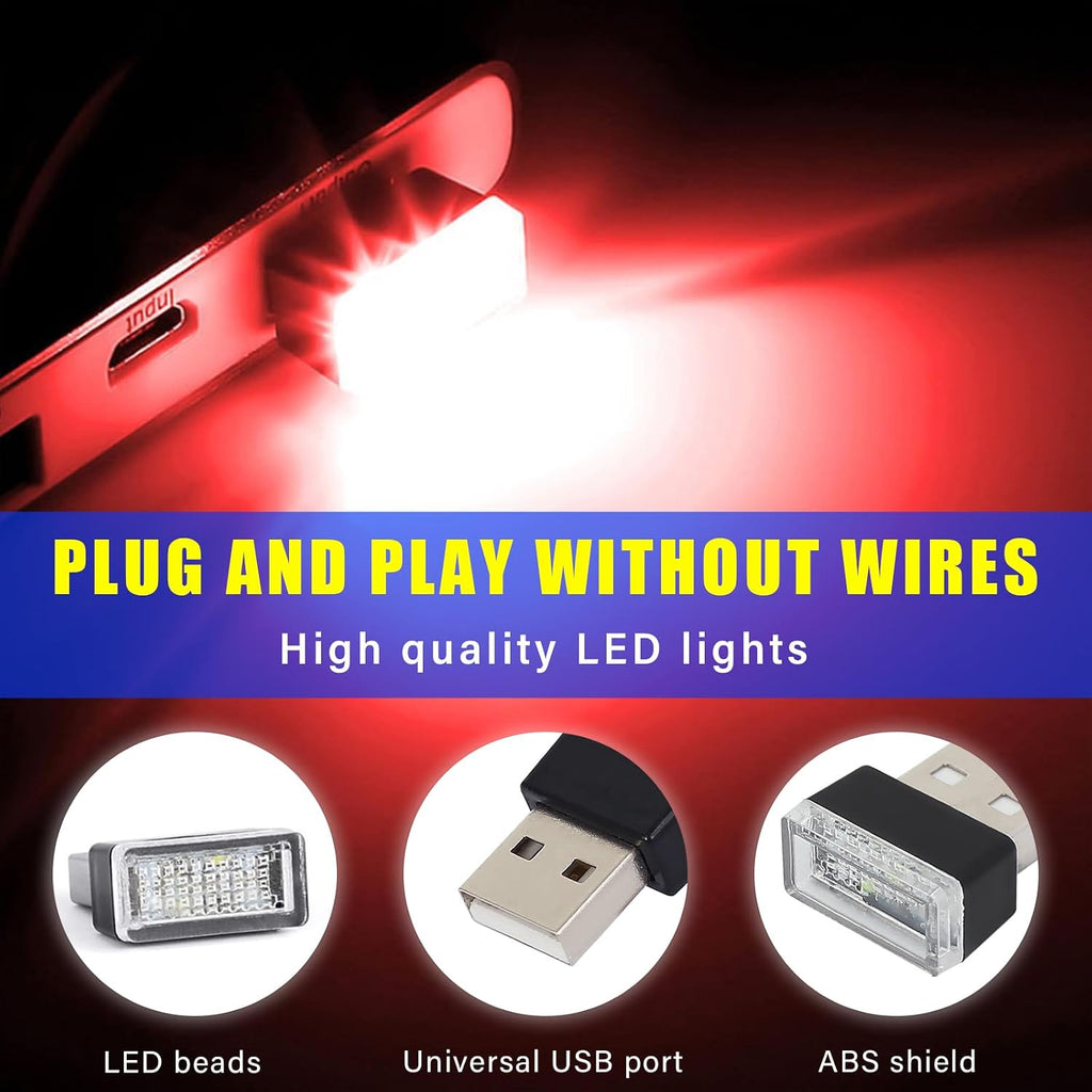 Augeny 4 PCS USB LED Car Interior Atmosphere Lamp, Plug-in USB Decor Night Light, Portable Auto Ambient Lighting Kit, Universal Vehicle Interior Accessories for Most Cars (Red)