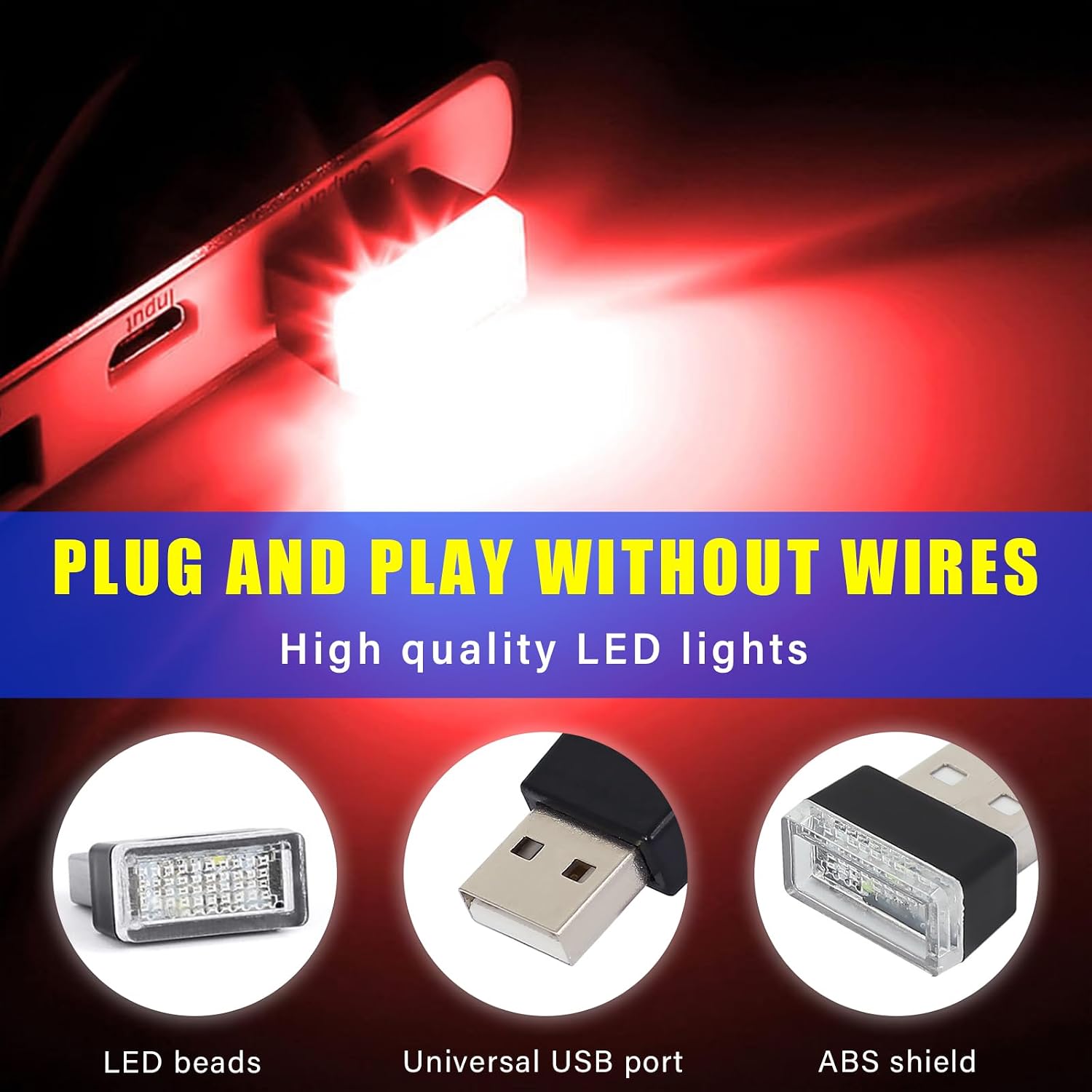 Augeny 4 PCS USB LED Car Interior Atmosphere Lamp, Plug-in USB Decor Night Light, Portable Auto Ambient Lighting Kit, Universal Vehicle Interior Accessories for Most Cars (Red)