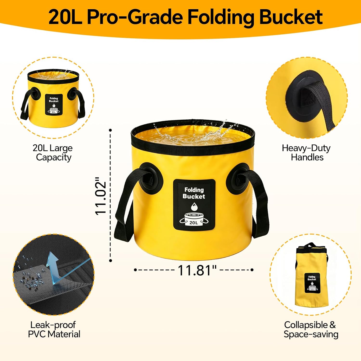 7-in-1 Car Wash Kit with 20L Collapsible Bucket & Brush – Car Wash Mop with Long Handle, 15° Curved Aluminum Pole for SUV Roof, Car Washing Brushes & Cleaning Supplies, RVs-Yellow.