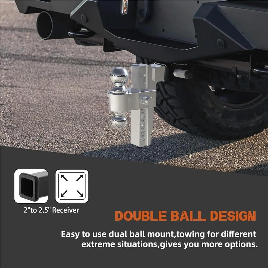 Adjustable 2" Trailer Hitch 8" Drop/Rise Dual-Ball 12,500 LBS GTW Locks