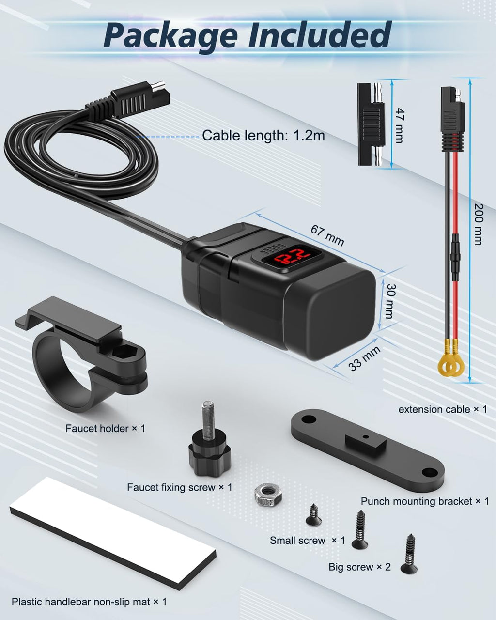 EXTRACTME Motorcycle Phone Charger, 6.4A Dual USB Type C PD & Quick Charge 3.0 Motorcycle USB Charger with Voltmeter & ON/Off Switch, Waterproof Motorcycle Accessories for Phone, Tablet, GPS, etc