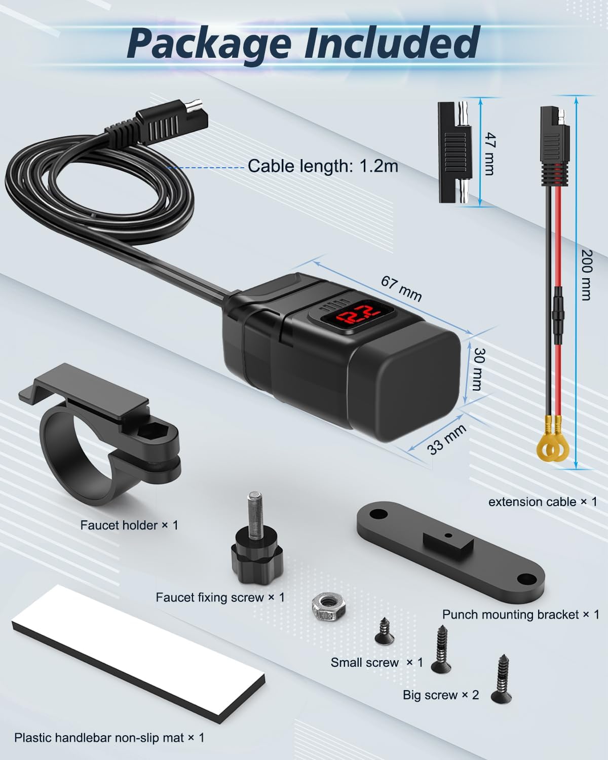 EXTRACTME Motorcycle Phone Charger, 6.4A Dual USB Type C PD & Quick Charge 3.0 Motorcycle USB Charger with Voltmeter & ON/Off Switch, Waterproof Motorcycle Accessories for Phone, Tablet, GPS, etc