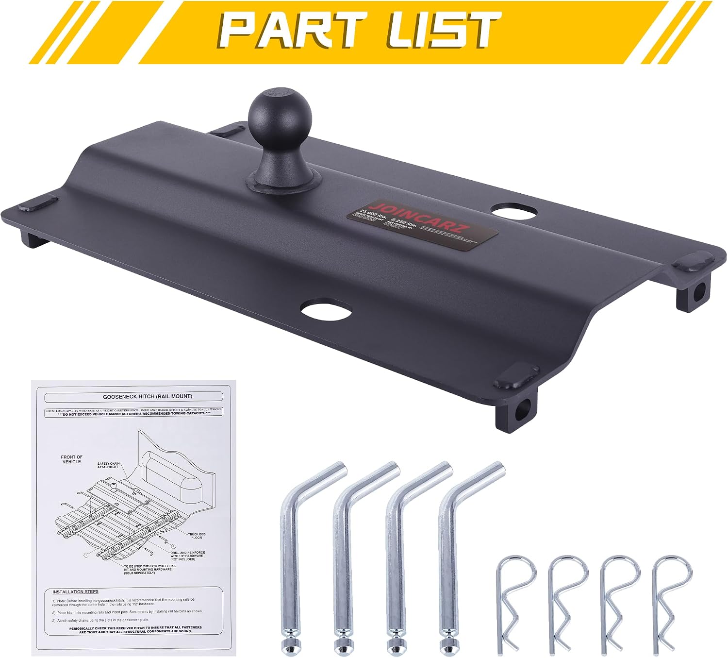 25000 lbs Gooseneck Ball Plate Fit for 5th Wheel Rails, Gooseneck Adapter Hitch for Pickup Truck Bed Trailer Towing, 2-5/16-Inch Ball, Fits Industry-Standard Rails,Carbide Black Powder Coat