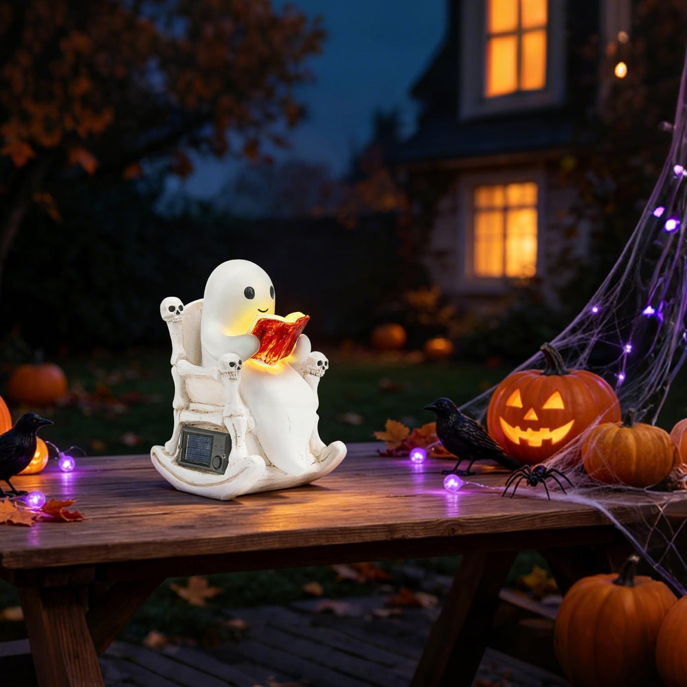 Solar Halloween Outdoor Light 7.4" Ghost Statue Skull Throne Garden Decor