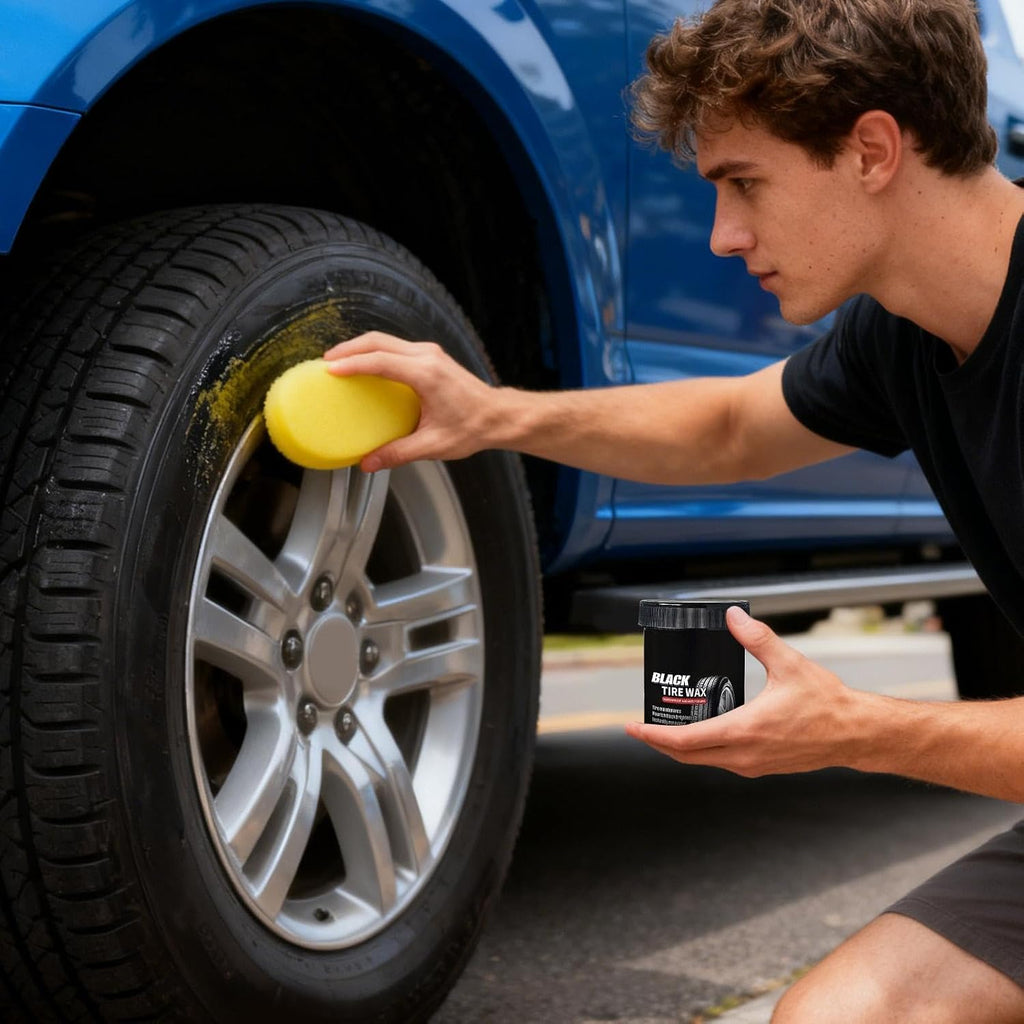 Car Tire Shine Balm, 150g Wheel Rim Cleaning Paste with Sponge Applicator, Waterproof Gloss Restorer for Car Truck SUV RV Trailer Exterior Automotive Care