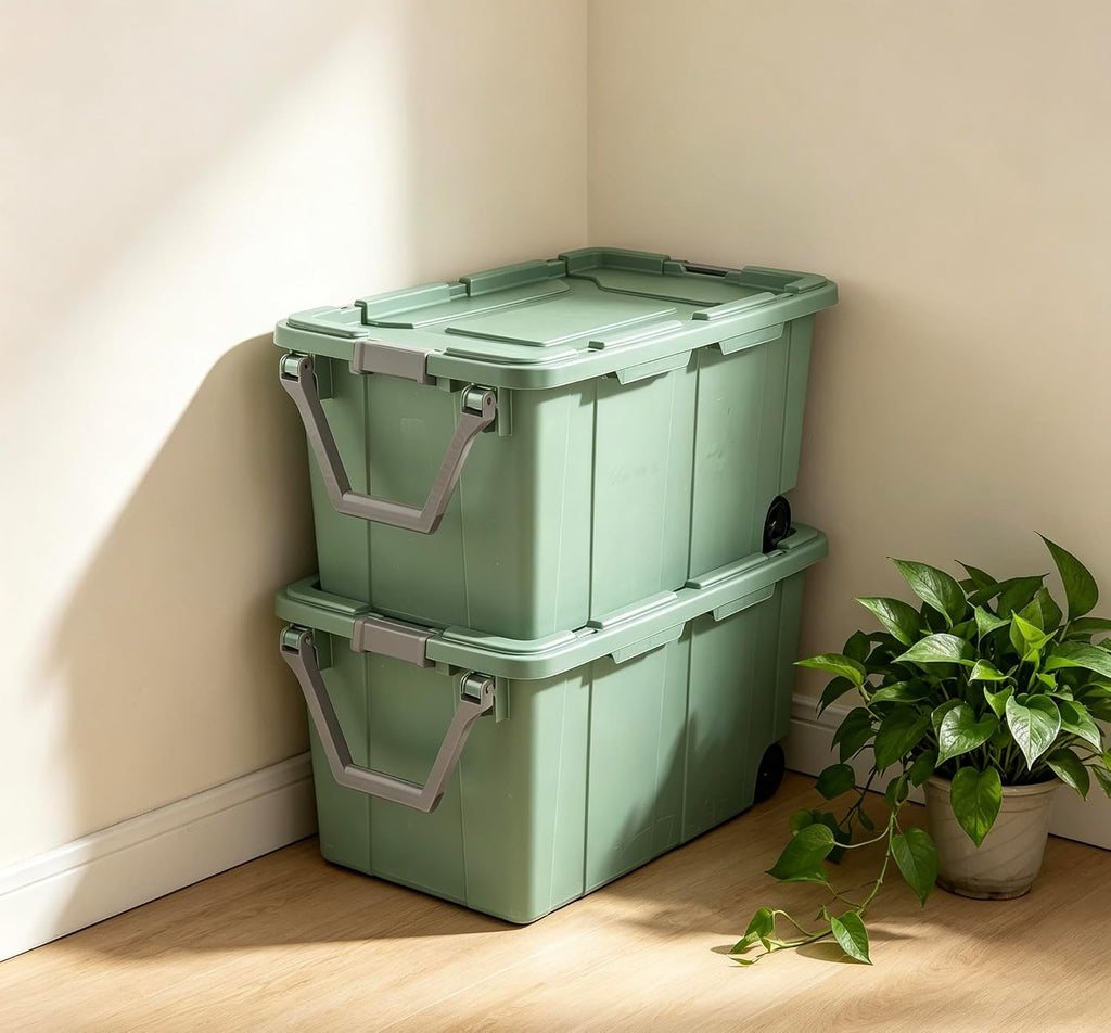 40-gallon plastic storage boxes with snap-on lids and handles, light green, 2-pack