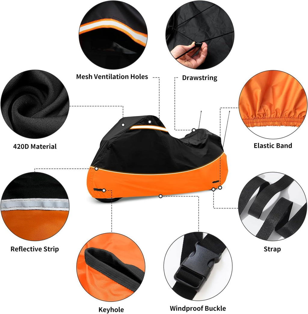 Heavy Duty 420D Oxford Motorcycle Cover | Waterproof Outdoor Touring Cover Compatible with Harley Davidson Road King,Street Glide, Road Glide, Ultra Limited, CVO,Fits Motorcycles Up to 110"