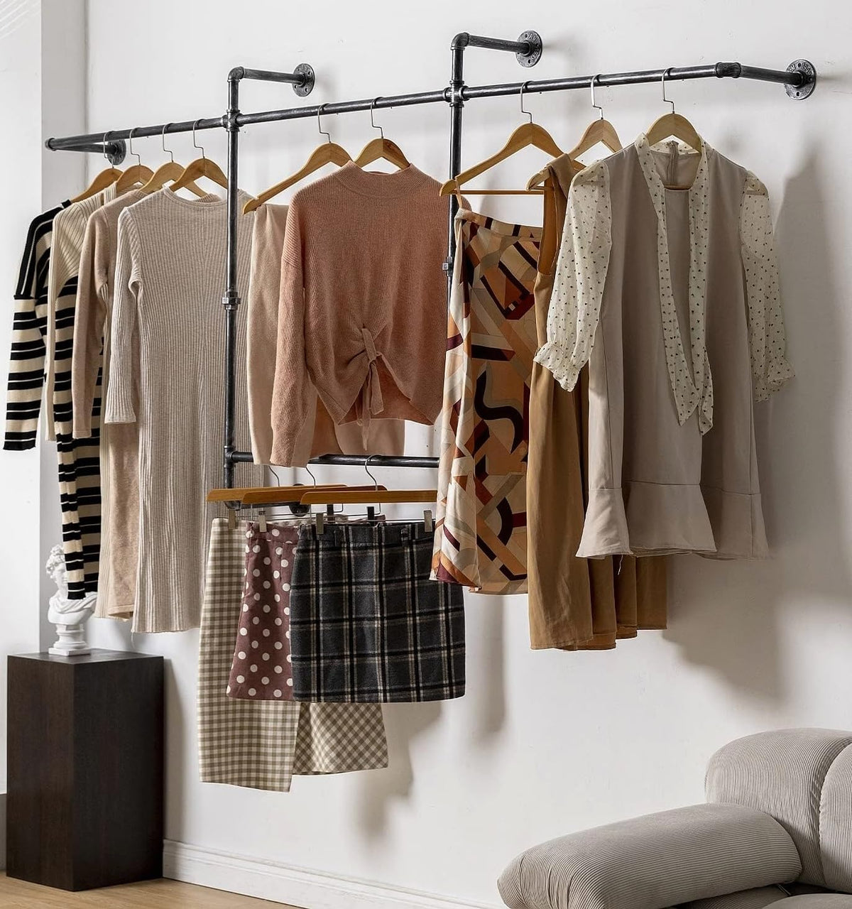 industrial pipe clothing rack, hanging garment rack, wall, main product view