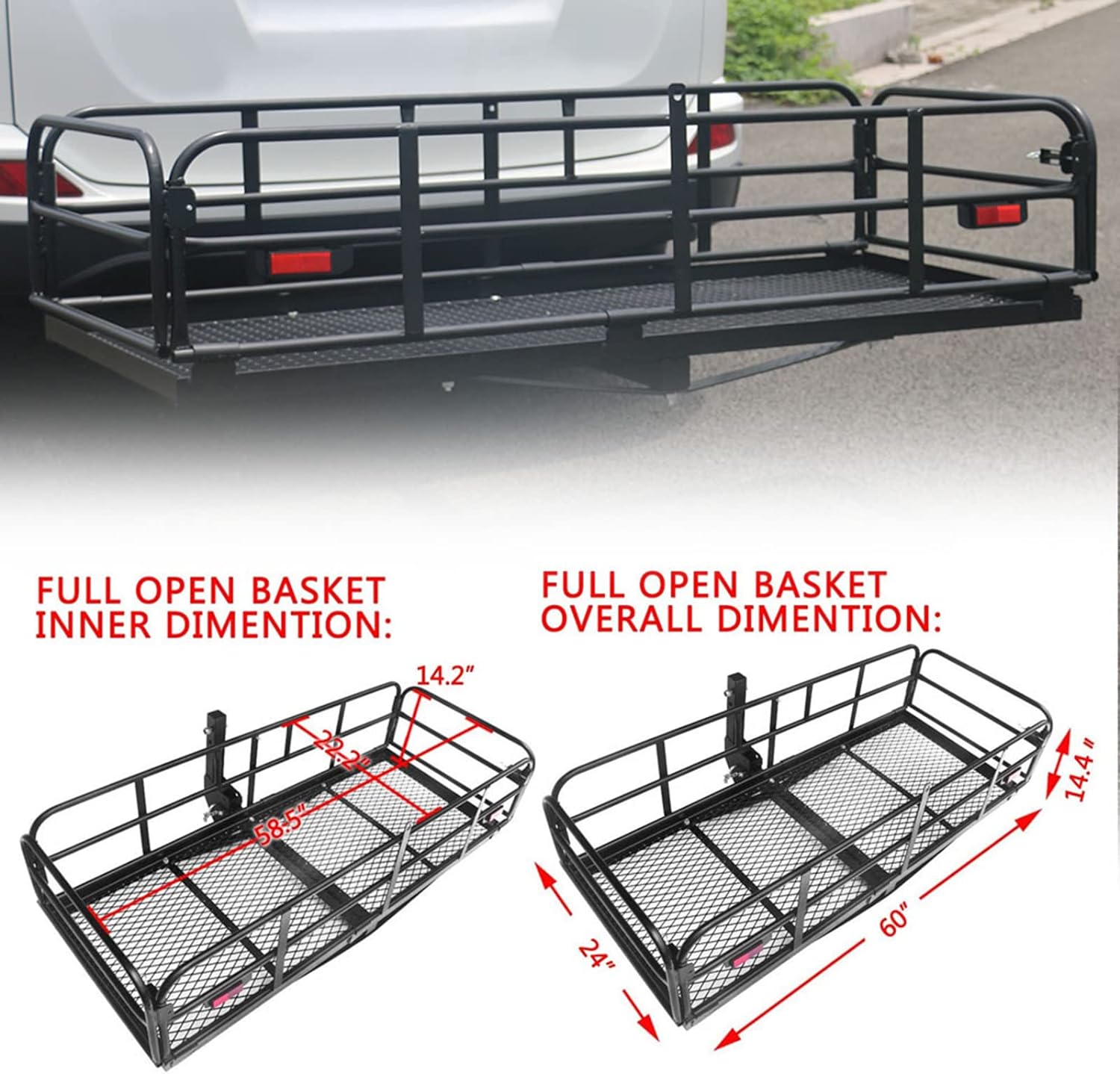 500 Lbs Heavy Duty Hitch Mount Cargo Carrier 60" x 24" x 14.4" Folding Cargo Rack Rear Luggage Basket Fits 2" Receiver for Car SUV Camping Traveling