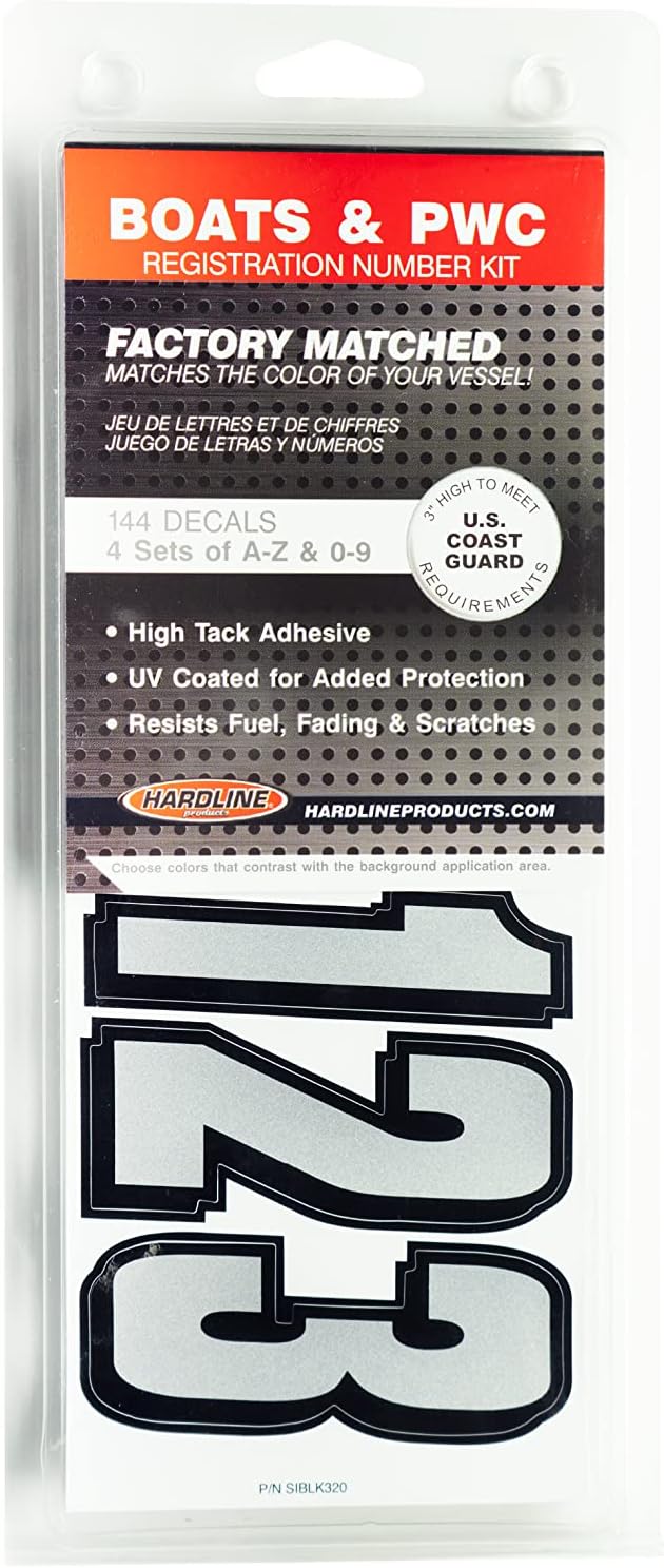 Hardline Products USA Series 320 Boat Registration Numbers Kit - 3 Inch Silver/Black Marine Vinyl Decals - USCG Compliant Lettering for Hull, PWC & Jet Ski - Fuel & Fade Resistant