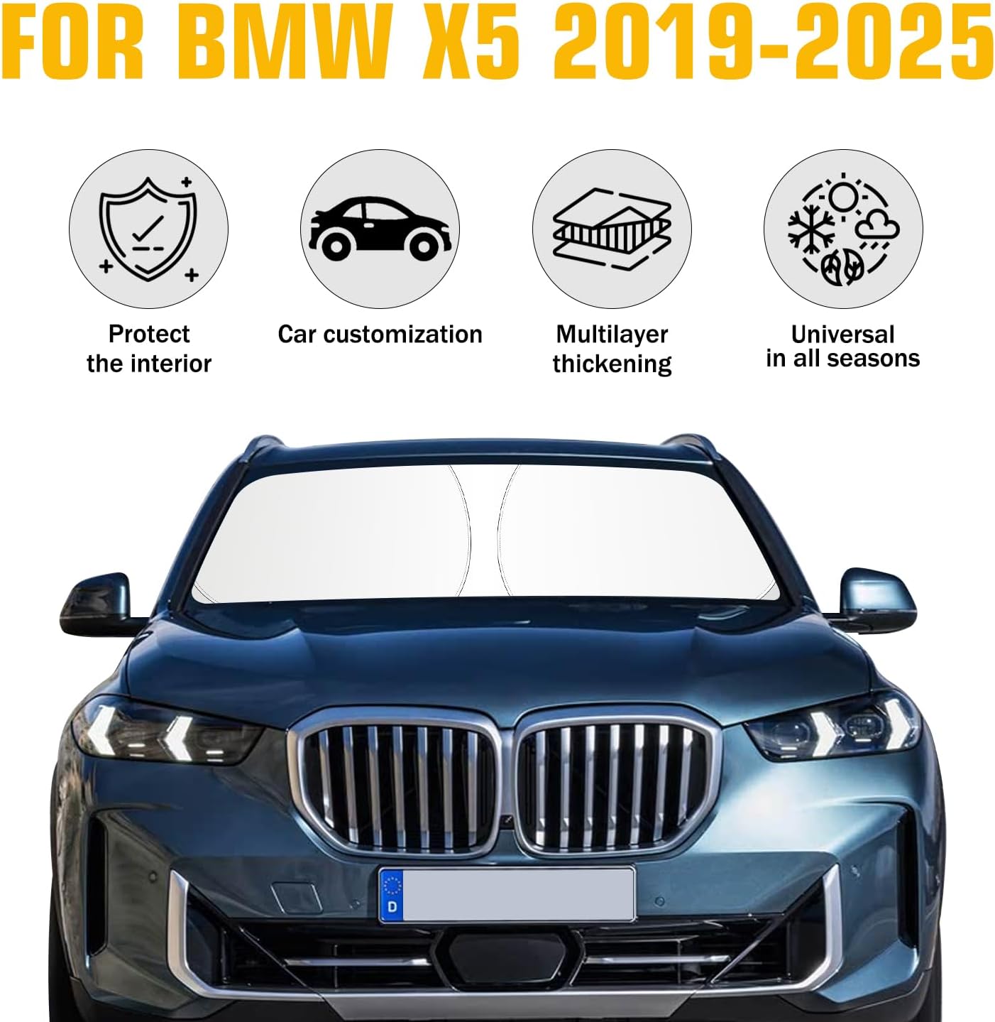 Windshield Sun Shade for BMW X5 2019-2025 2026, Foldable Sun Visor Protector with Storage Bag, 2-Layers Car Sunshade Front Window Shade UV Protection