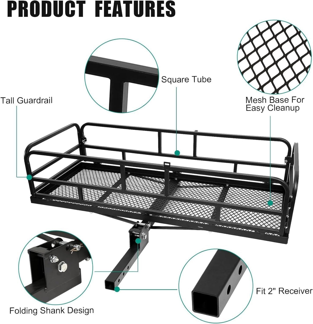 Trailer Hitch Cargo Rack, 60 x 24 x 14 Inch Folding Hitch Mount Cargo Carrier with High Side Rails for RV Truck SUV Van, 500 lbs. Capacity, 2" Receiver, Black