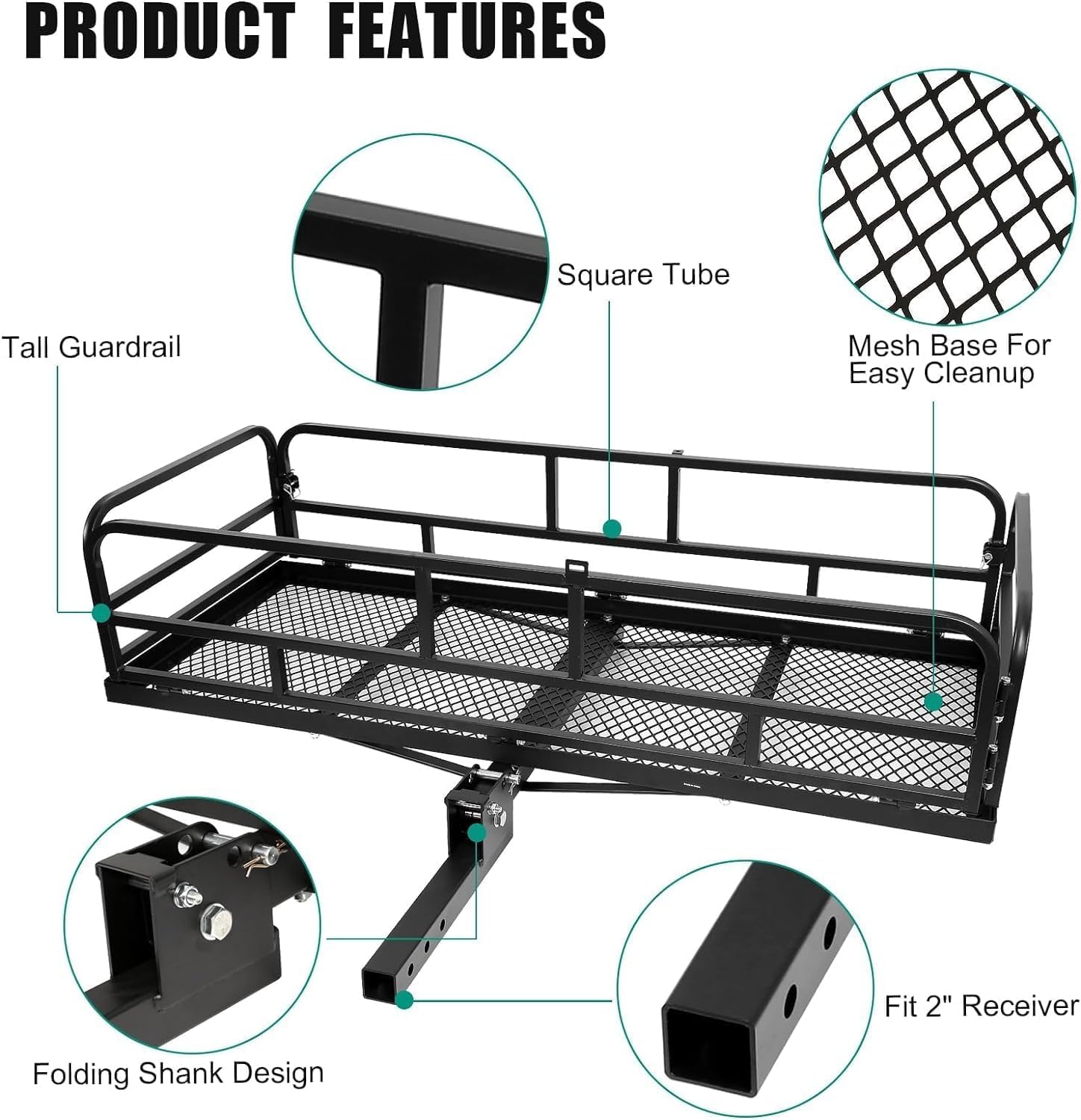 Trailer Hitch Cargo Rack, 60 x 24 x 14 Inch Folding Hitch Mount Cargo Carrier with High Side Rails for RV Truck SUV Van, 500 lbs. Capacity, 2" Receiver, Black