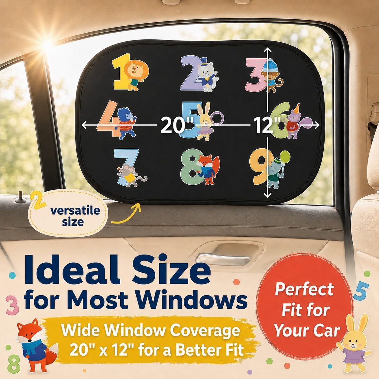 Car Window Shade for Baby Kids, 2 Pack Cartoon Animal Side Window Sun Shades, UV Protection Baby Car Window Shades for Sun Glare, Heat & Travel Comfort (Numbers)