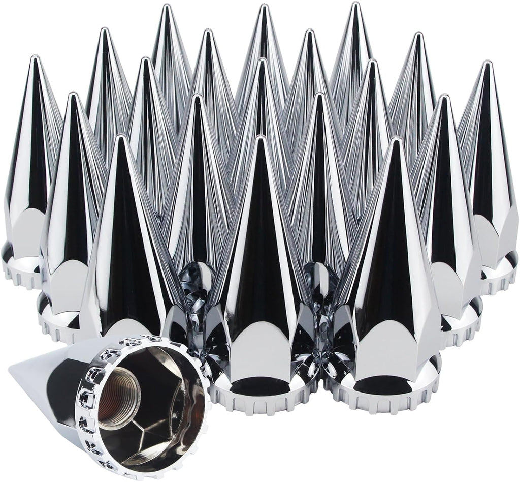33mm x 4 3/4" Thread On Spike Lug Nut Covers Screw On, ABS Chrome Plastic Pointed Screw-on Lug Nuts Cover for Semi Trucks, Chromed Spiked Lug Nut Caps Pack of 20