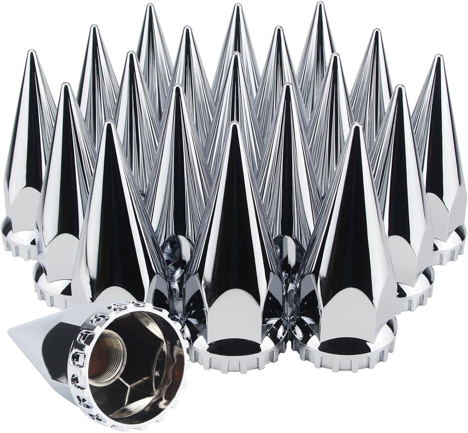 33mm x 4 3/4" Thread On Spike Lug Nut Covers Screw On, ABS Chrome Plastic Pointed Screw-on Lug Nuts Cover for Semi Trucks, Chromed Spiked Lug Nut Caps Pack of 20
