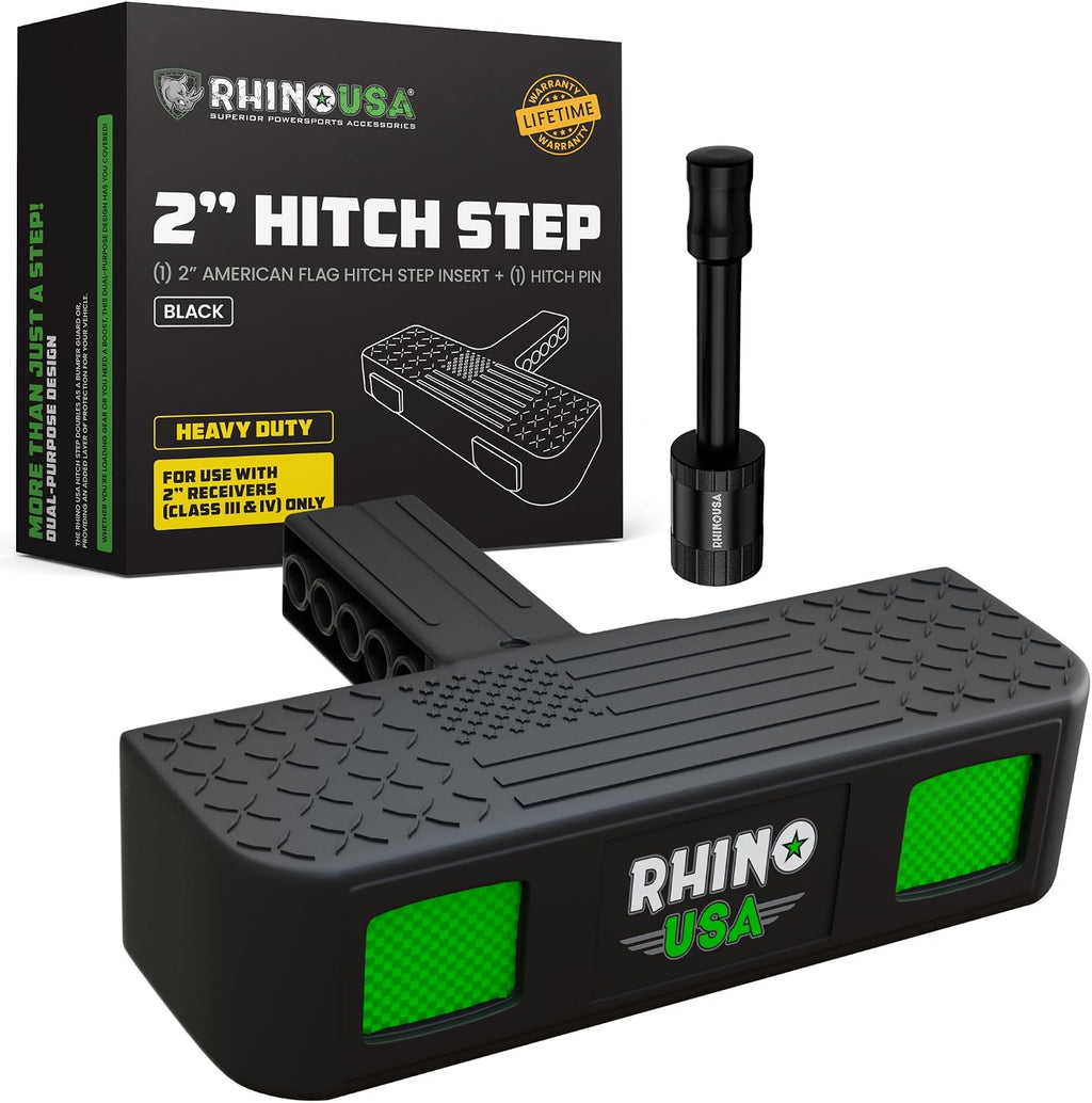 Rhino USA Tow Hitch Step for 2IN Receivers. Anti-Slip Grip, Reflective Material and Bumper Protection Perfect for Trucks, SUV's and More - Locking Trailer Hitch Pin Included! - Black