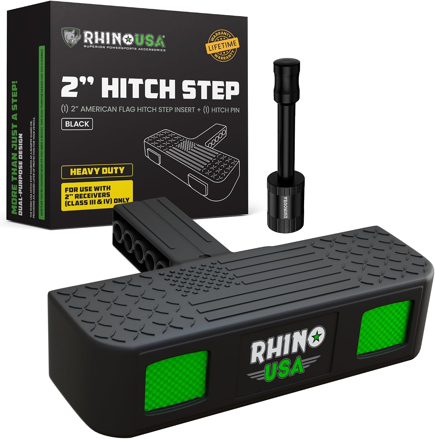 Rhino USA Tow Hitch Step for 2IN Receivers. Anti-Slip Grip, Reflective Material and Bumper Protection Perfect for Trucks, SUV's and More - Locking Trailer Hitch Pin Included! - Black
