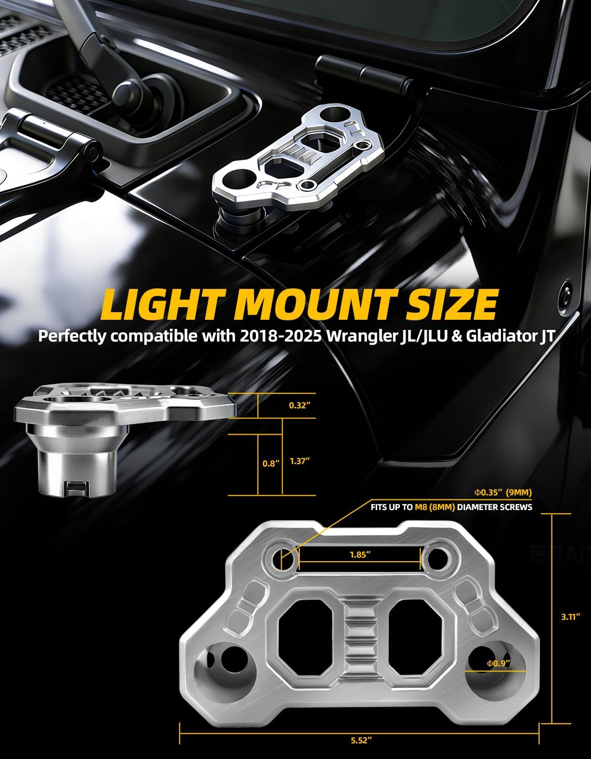 Hood Mount Light Brackets Ditch Light Mounting Brackets for JL A-Pillar Off-Road Car LED Pod Work Lights, Wrangler JL JLU 4xe Gladiator JT 2018-2025 Accessories(2-PCS, Silver)