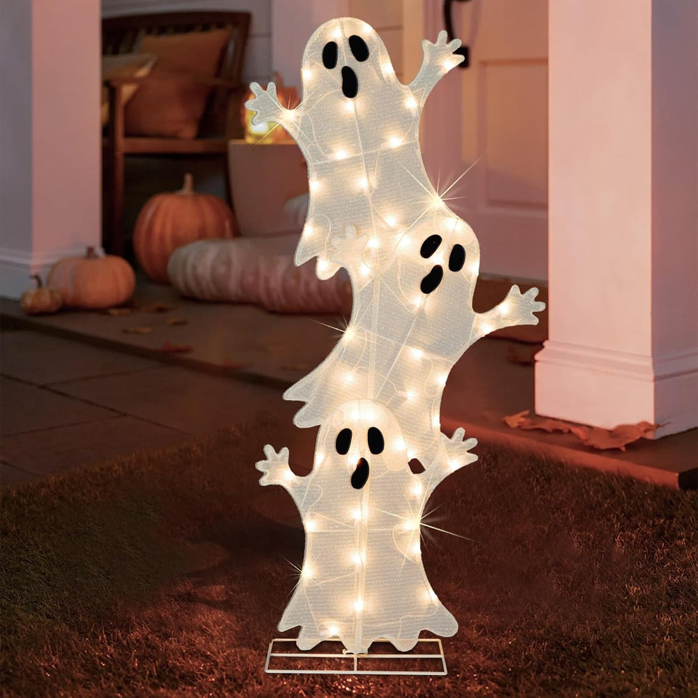 Halloween Lighted 3 Stacked Ghosts, 42’’ H Pre-Lit Lighted Ghosts with 50 War...