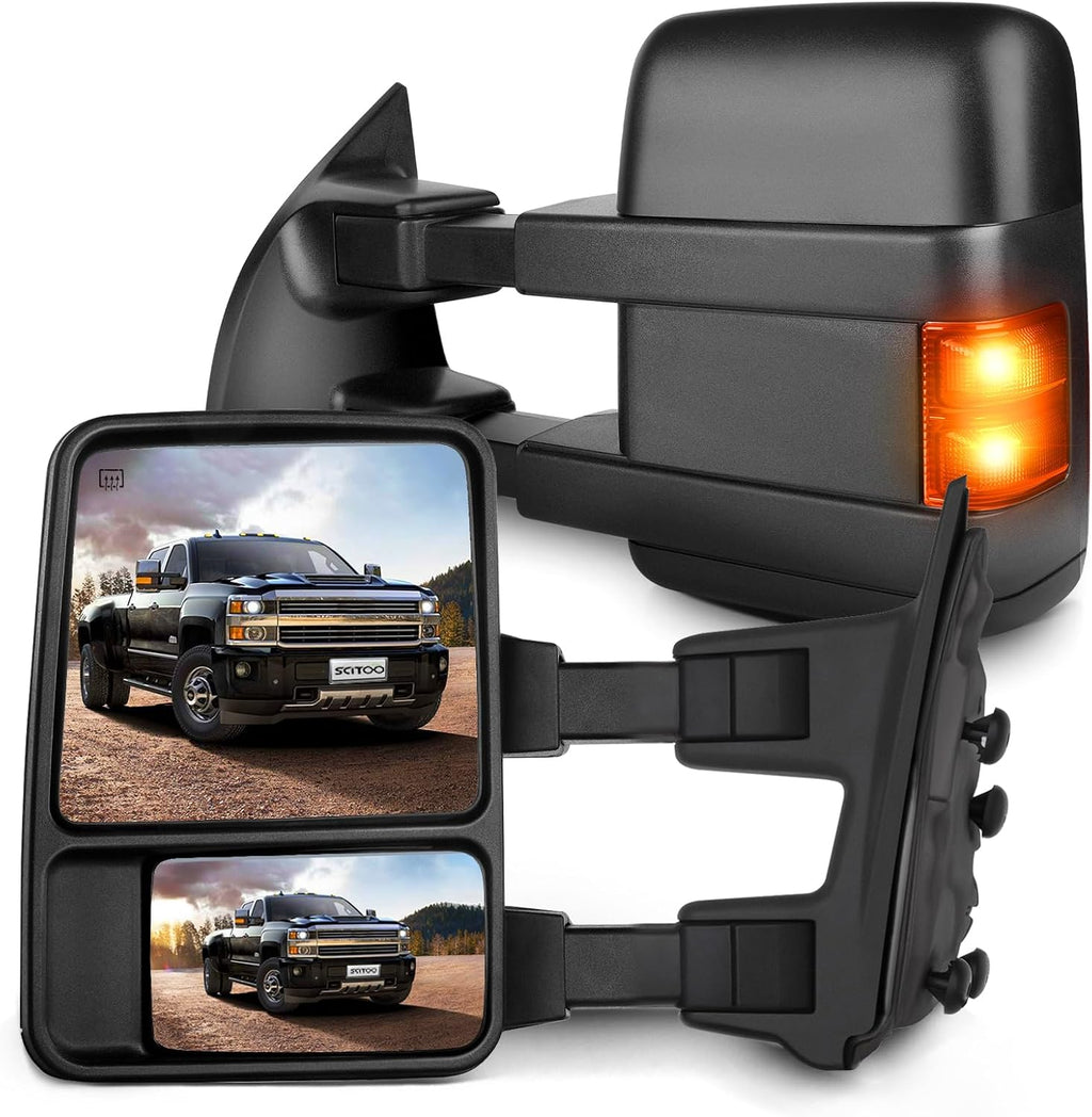 SCITOO Towing Mirrors Compatible With 1999-2007 For Ford For F250/For F350/For F450/For F550 Super Duty A Pair(Left Right Side Tow Mirrors) With Power Adjusted Heated Turn Signal Light Black Housing