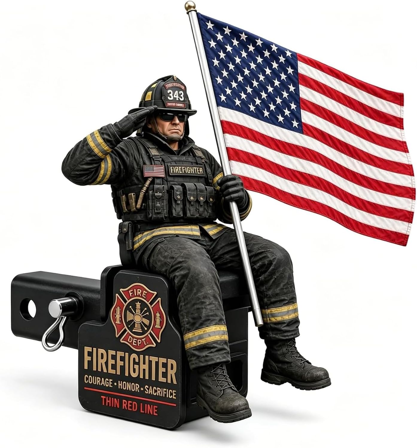 Firefighter Thin Red Line Tribute Trailer Hitch Cover,New Hitch Cover with Saluting Firefighter & American Flag, Fits 1.25" & 2" Hitch Receivers for Pickup,SUVs,Trucks,Jeeps (2 Inch Tube)