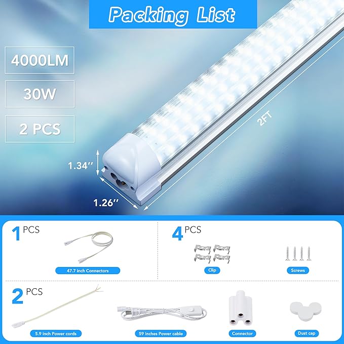 2 Pack 2FT T8 LED Shop Lights, 30W Integrated Tube Light, 4800LM 6000-6500K - Image 5