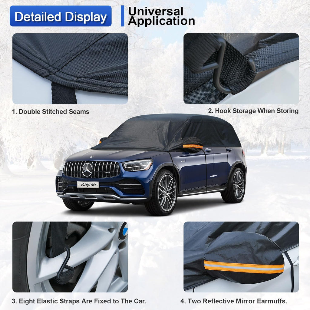 Kayme Half Car Cover, Windshield Cover for Ice and Snow Top with Reflective Straps, Roof Cover Waterproof All Weather Dust, Sun Protection. Front Rear Window Cover Fit SUV. YL (143''-157'')