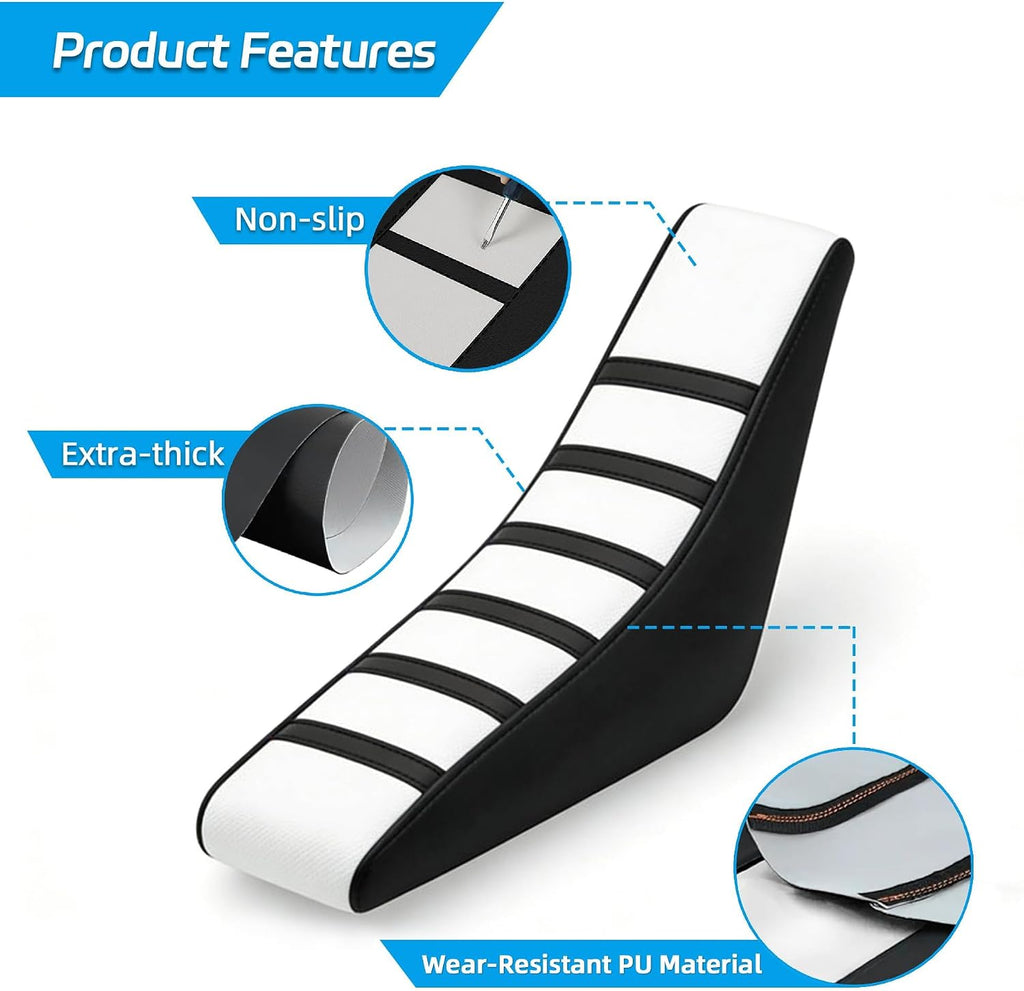 E-riding Universal Soft Rubber Motorcycle Seat Cover - White Stripe Gripper Design Fits for CR125R CR250R CRF250R CRF450R YZ125 YZ250F YZ450F KX250F Ebike Dirt Pit Bike