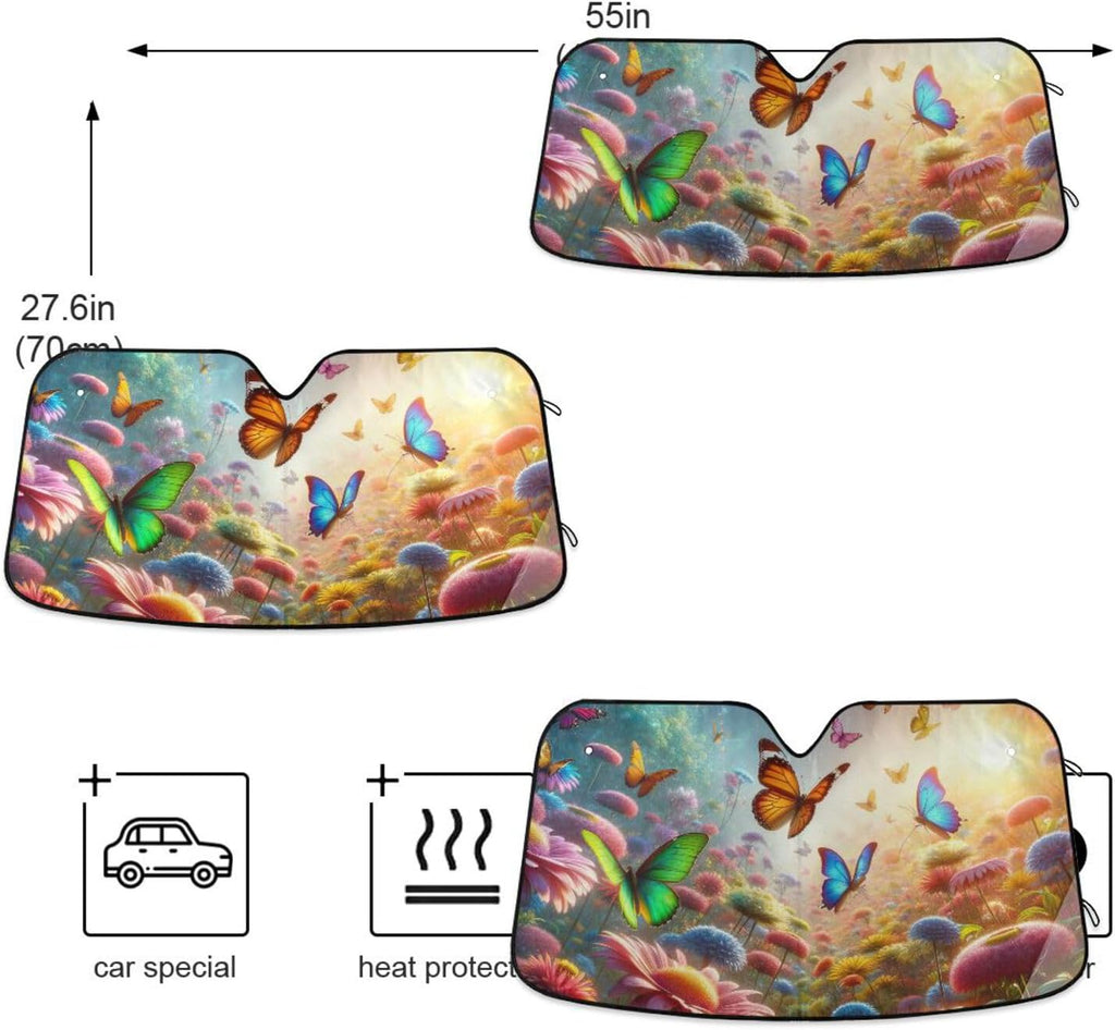 Car Windshield Sunshade Flowers Butterfly Sun Shield 55"X27.6" Blocks UV Rays and Keeps Vehicle Cool
