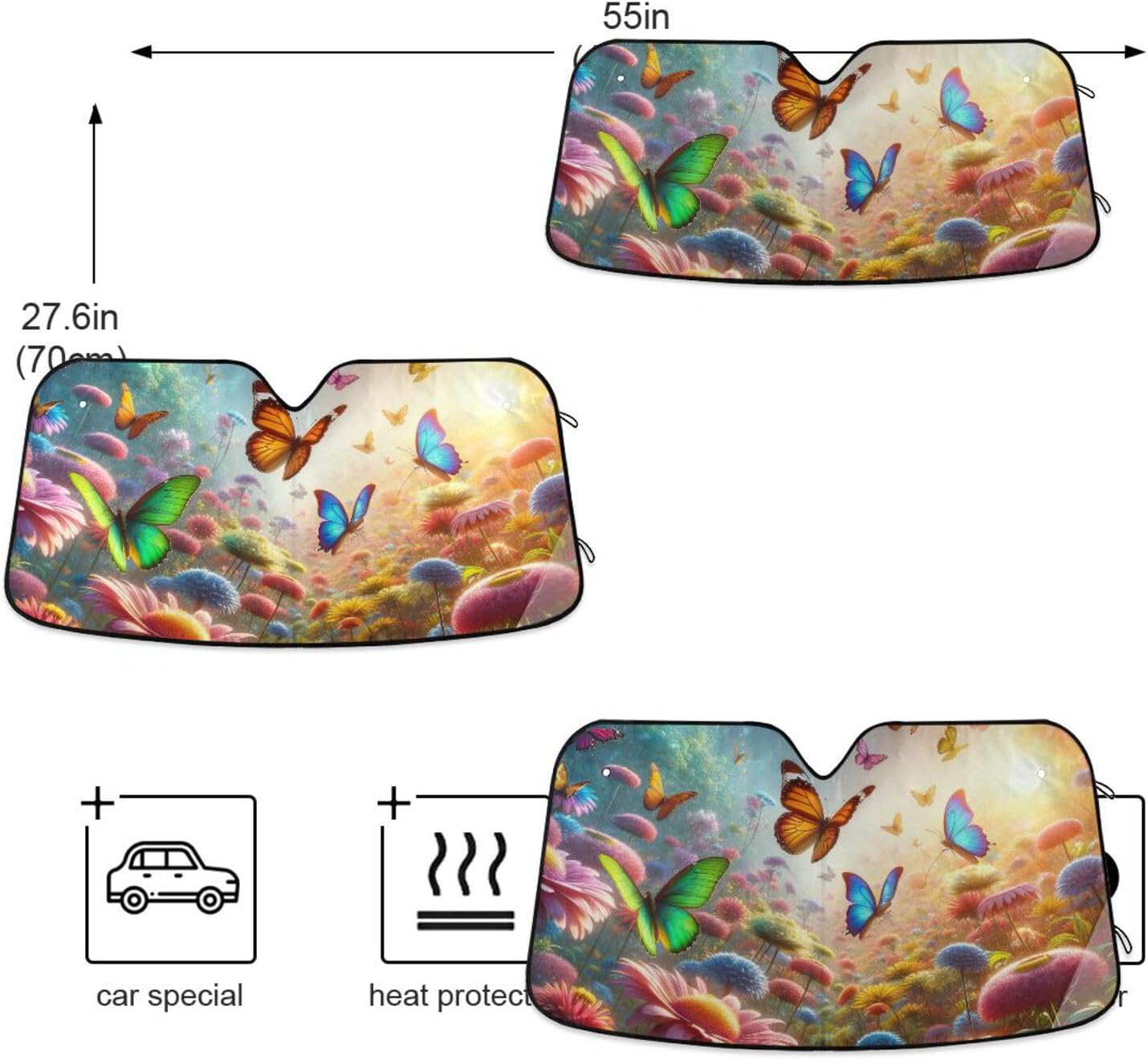 Car Windshield Sunshade Flowers Butterfly Sun Shield 55"X27.6" Blocks UV Rays and Keeps Vehicle Cool