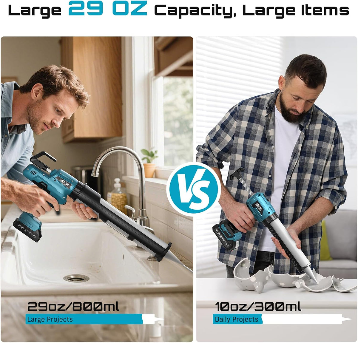 seesii 29oz electric caulking gun, cordless caulk gun shown in use