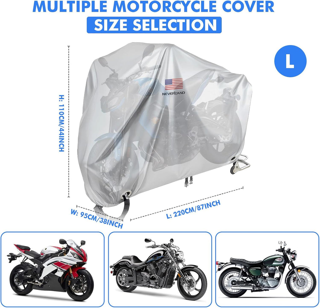 NEVERLAND Motorcycle Cover Waterproof Outdoor - Silver Heavy Duty Scooter Cover, Motorbike Cover with Refletive Logo, Lock-Hole, Bandage, Storage Bag-Protect Against Dust, Debris, Rain and Weather(L)