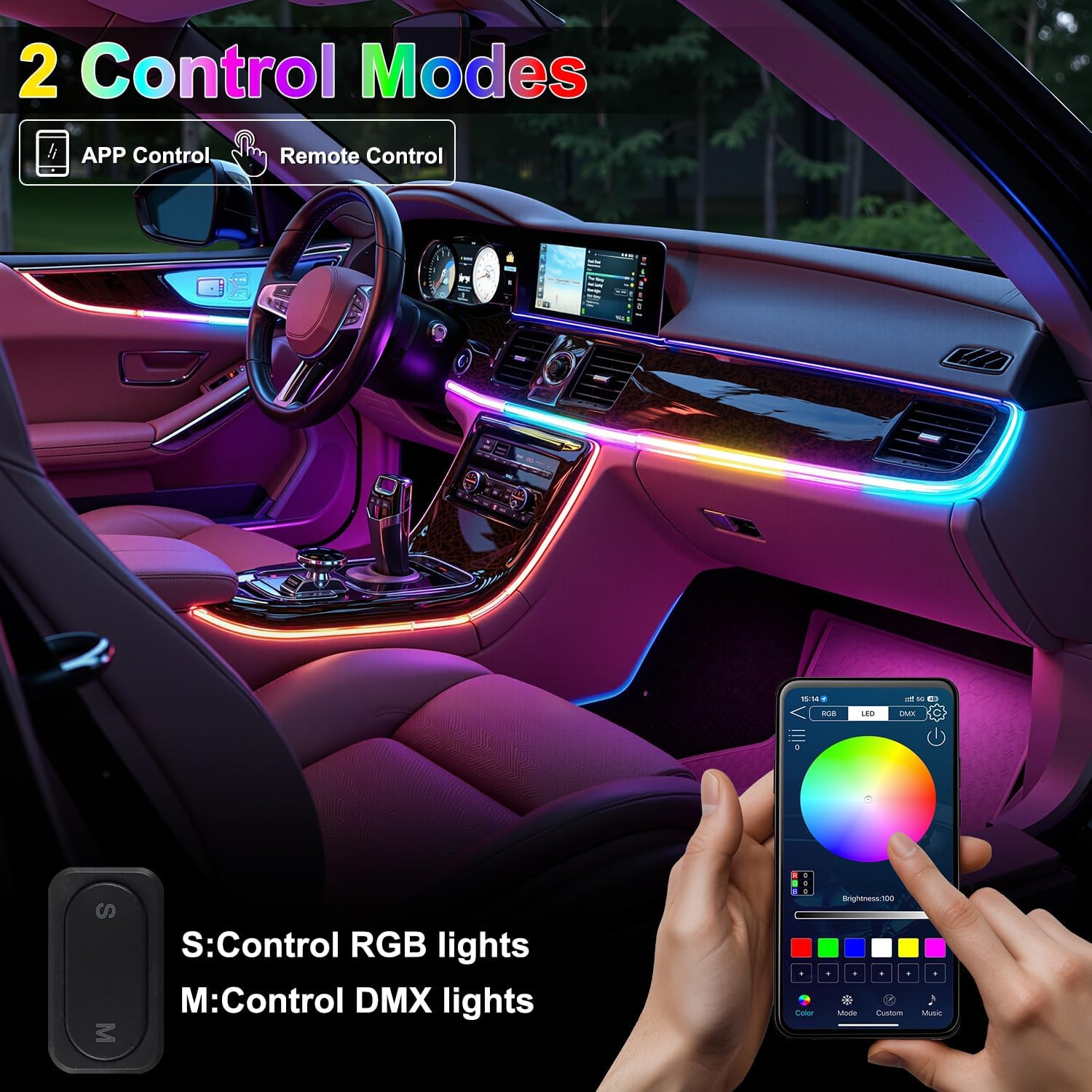 Dreamcolor Acrylic Interior Car LED Strip Lights, 6 in 1 Ambient Lighting Kit with Wireless APP, Dynamic Chasing Music Sync Fiber Optic Lights with DIY Mode, Car Inside Lighting Accessories