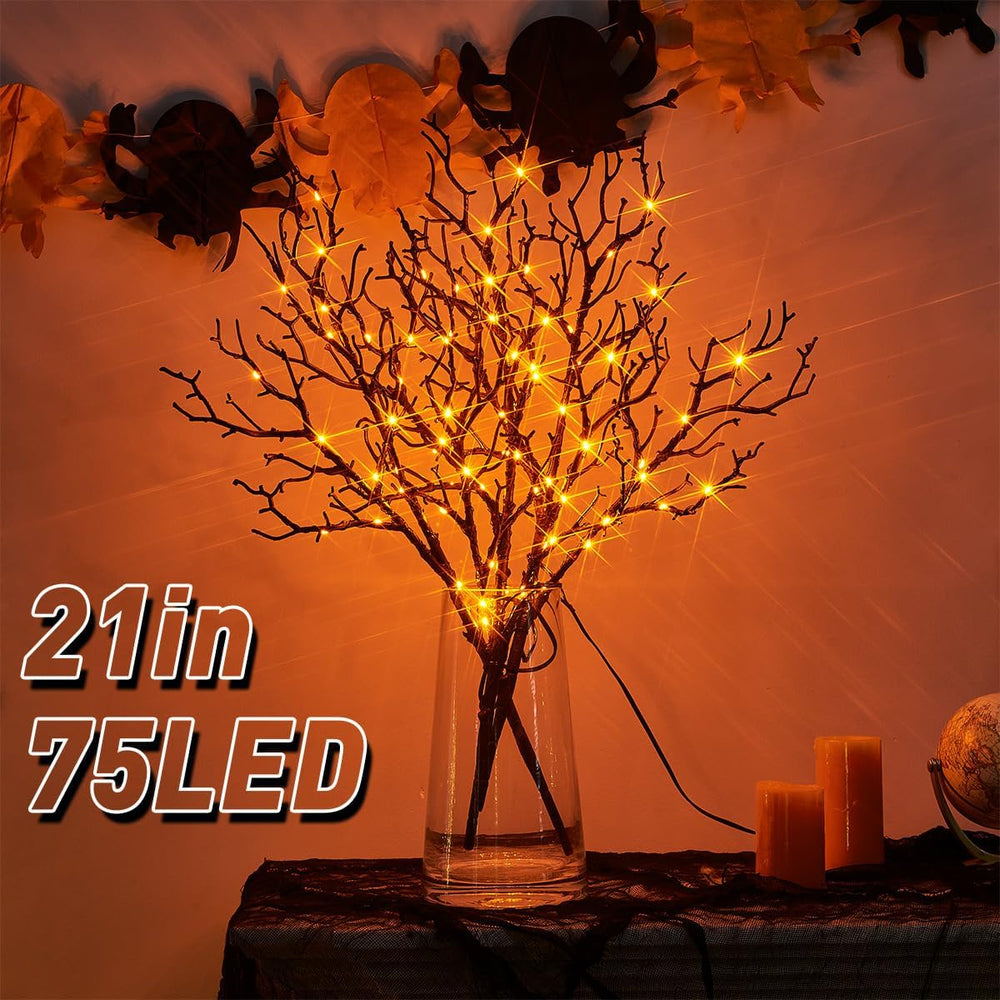 Fudios Lighted Halloween Branches with Timer Orange Fairy Lights 21IN 75L,Bat...