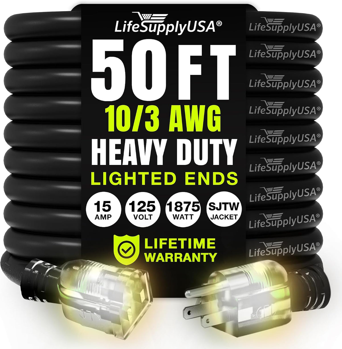 50ft Outdoor/Indoor Extension Cord 10/3 Gauge Ultra Heavy Duty 3 Prong SJTW