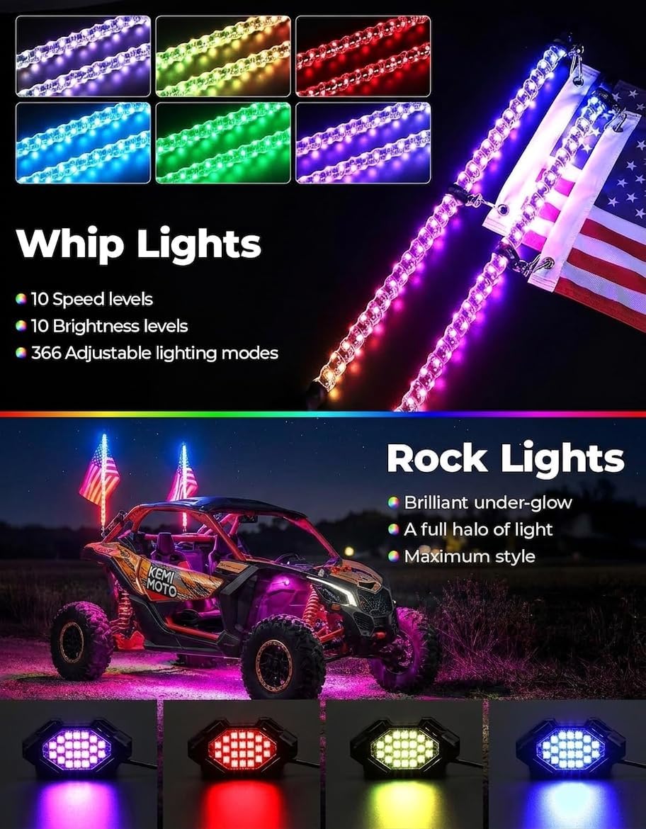 Kemimoto 2PCS 3FT Universal LED Whip Light and 4 PCS Rock Lights Combo | 366 Modes with Integrated Rocker Switch (Turn/Hazard/Light) & SOS Mode, Spring Base & App Control, IP67 Waterproof
