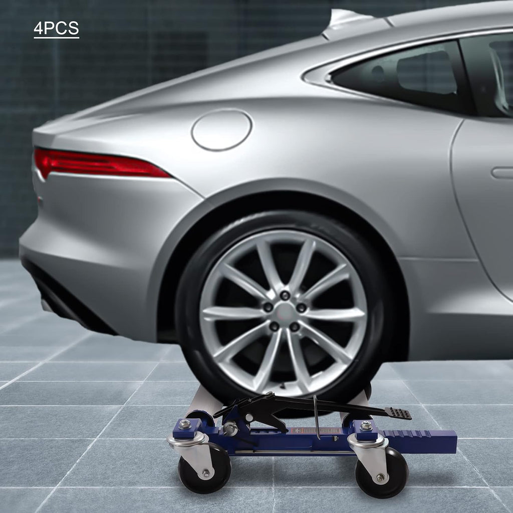 4-Piece Ratcheting Wheel Dollies Set, 5200lbs Capacity, Adjustable 10-22in | 360° Nylon Wheels, Heavy Duty Steel, Foot Pedal, Easy Move Car Tire Skates, Garage, Auto Shop, Silver Blue Black