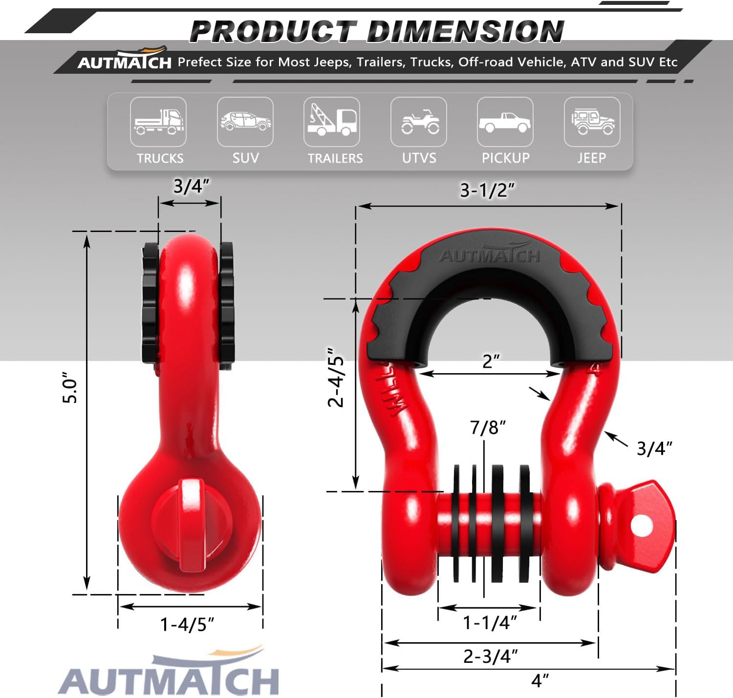 AUTMATCH D Ring Shackle 3/4" Shackles (2 Pack) 41,887Ibs Break Strength - Clevis Shackles with 7/8" Screw Pin and Shackle Isolator Washers Kit for Tow Strap Winch Off Road Vehicle Recovery, Red