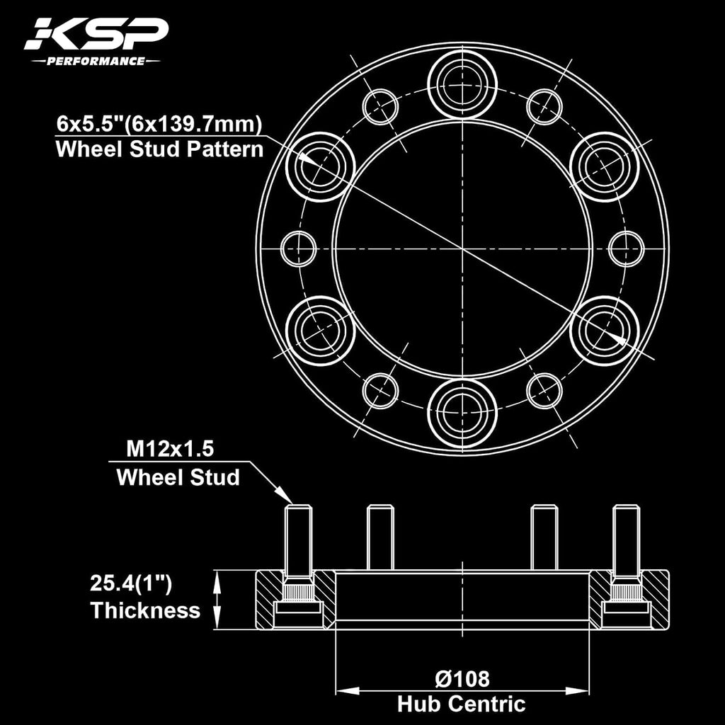 6X5.5 Wheel Spacers, KSP Forged 1 inch (25 mm) 6x139.7 mm to 6x139.7 mm Thread Pitch M12x1.5 Hub Bore 108mm Adapters 6 Lugs for Tacoma 2005-2023, 4Runner Tundra FJ Land Cruiser Black, Not Hubcentric